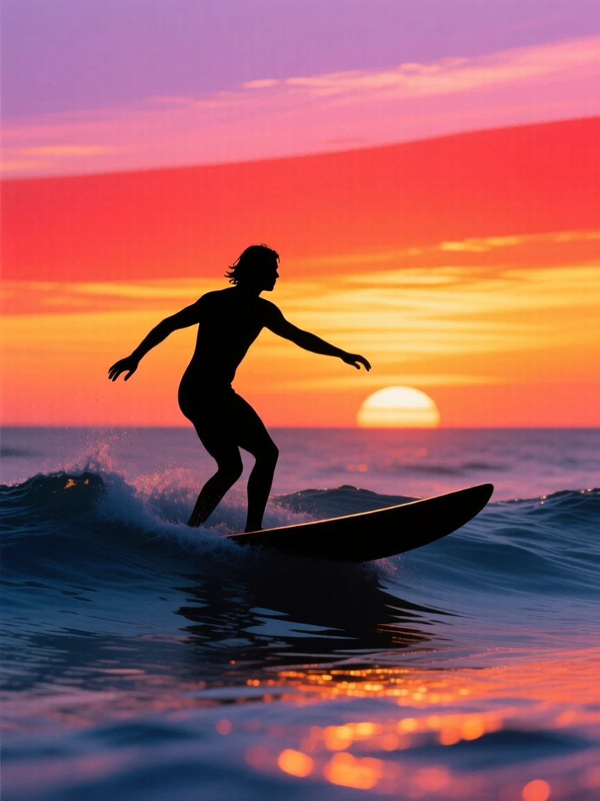 A surfer paddling out past the break as the sun rises behind them.