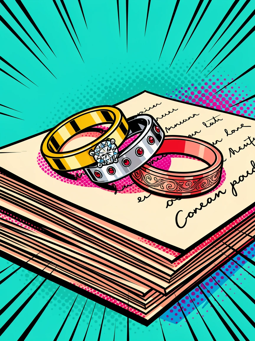 Rings placed gently atop a stack of love letters