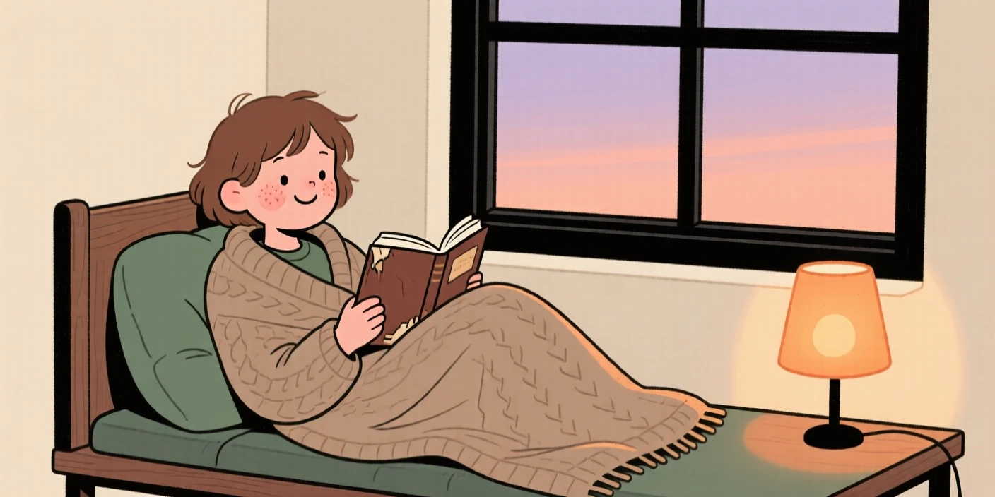 A teenager curls up in a window seat beside a softly glowing lamp, wrapped in a woolen throw while reading a worn paperback.