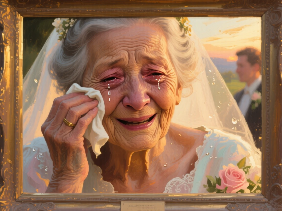 A tightly framed close-up of a grandmother wiping away tears of joy at a family wedding, just after sunrise, in bright warm sunshine.