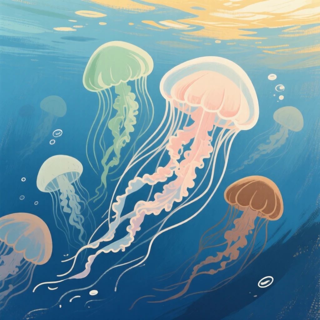 A cluster of jellyfish drifting through deep blue water