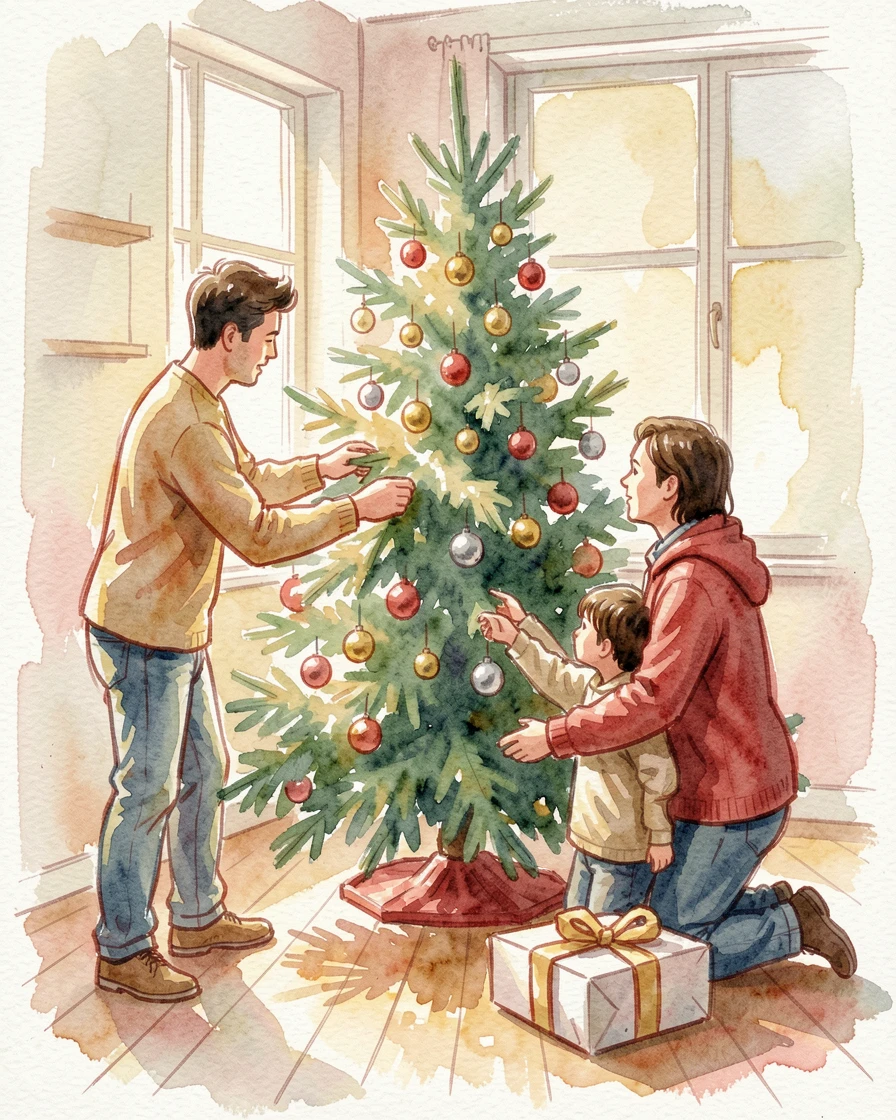 A family decorating a Christmas tree together.
