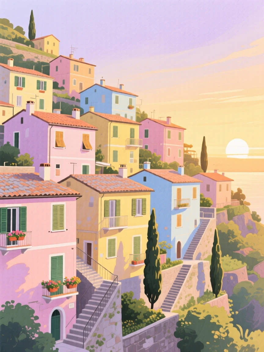 A picturesque view of a terraced hillside town in Italy with pastel buildings stacked along the hillside, at golden hour