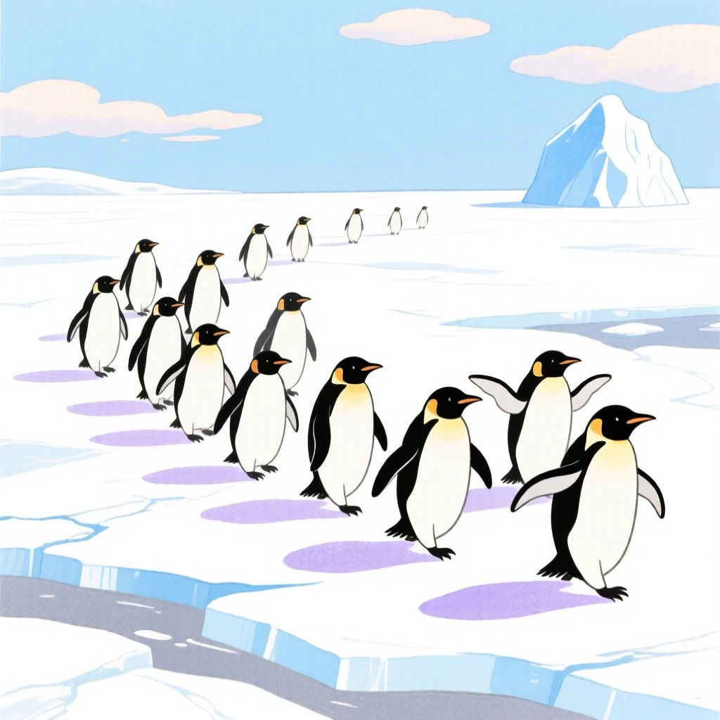 A vivid scene of a penguin colony waddling across Antarctic ice.