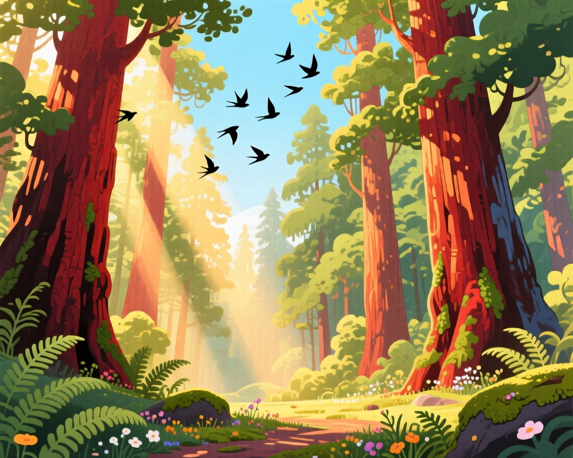 A redwood forest with sunlight beaming through the canopy, with a flock of birds silhouetted against the sky, capturing the breathtaking beauty of untouched nature.