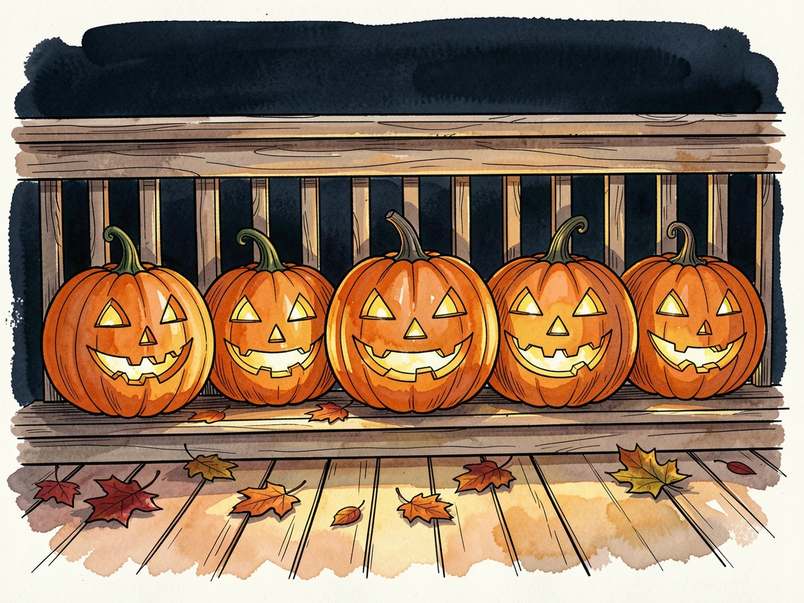 A row of jack-o-lanterns glowing along a porch railing on Halloween night, soft light and seasonal color bringing the moment to life.
