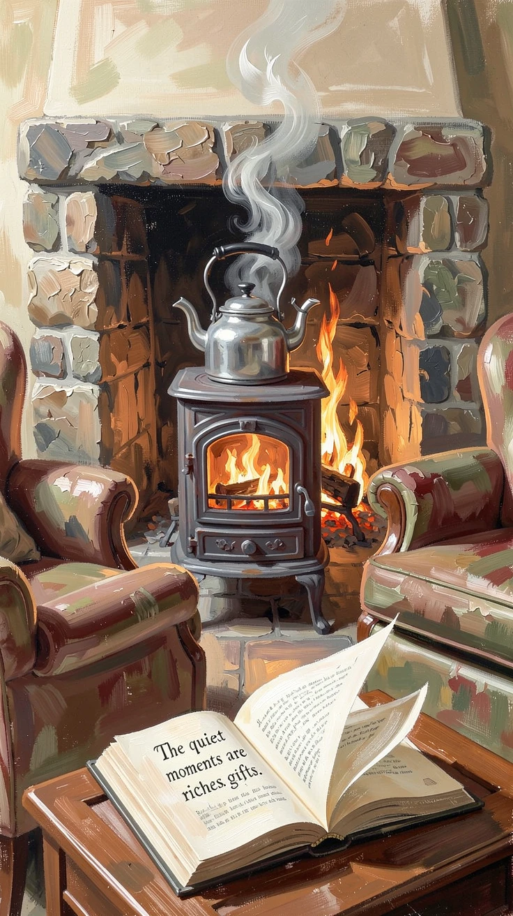 With a steaming kettle resting on an old iron stove, a crackling fireplace surrounded by well-worn armchairs, pages of an open book fluttering in a gentle breeze, on a lazy Sunday morning.