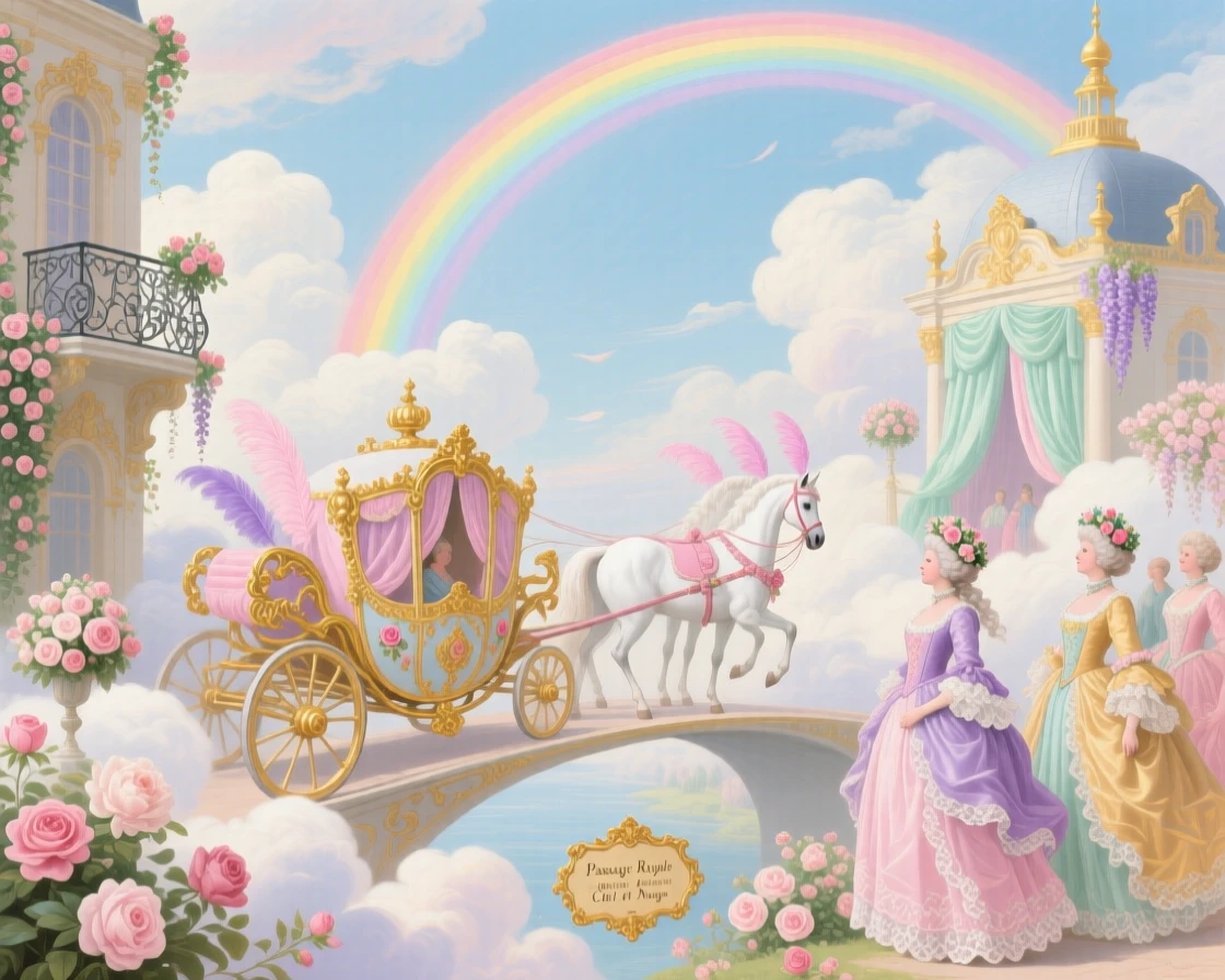 A royal carriage crossing a rainbow bridge between two cloud kingdoms  