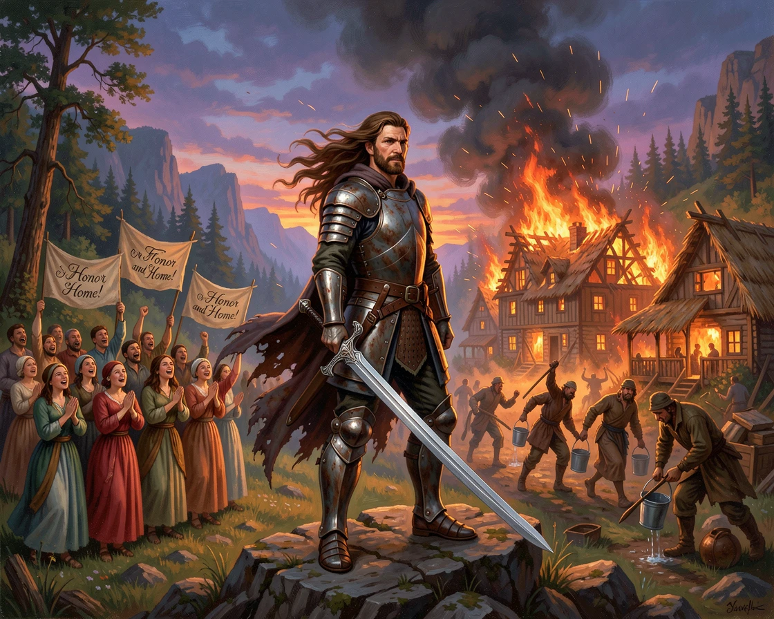 A legendary swordsman faces down a raging fire consuming a village home to the cheers of a grateful crowd.