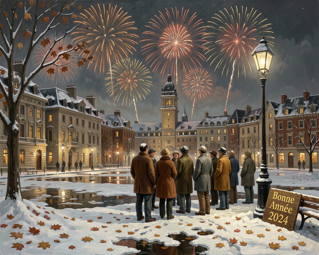A New Year's Eve fireworks display lighting up a city skyline at midnight, with authentic seasonal textures like snow, leaves, or blossoms, capturing the warmth, joy, and magic of the season