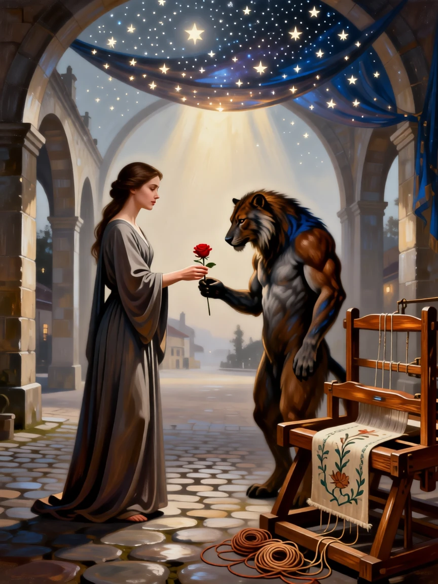 Beauty offering a rose to a gentle, misunderstood beast at the exact moment magic and reality intertwine, set beneath a canopy of stars over a sleepy village square, with an old wooden loom, tangled threads, and a half-finished tapestry; receding archways create a sense of stepping into another world, filled with romance, imagination, and quiet drama.