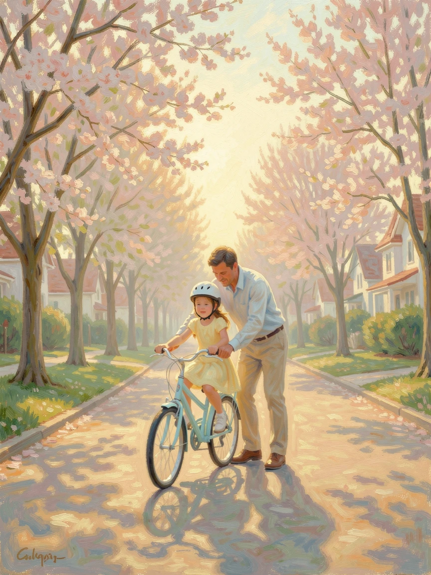 A father teaching his daughter to ride a bicycle on a sunlit suburban street lined with blooming trees, at golden sunrise.