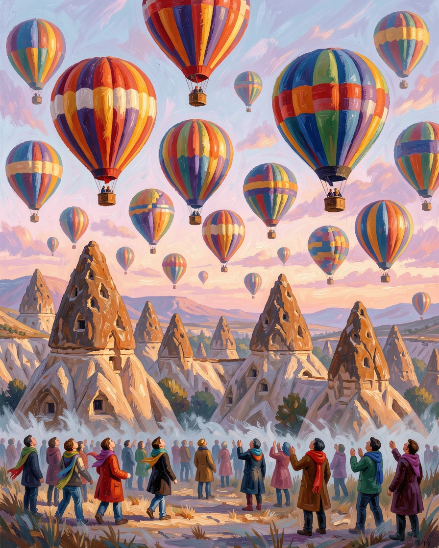A hot air balloon festival at dawn, dozens of colorful balloons rising over Cappadocia's rock formations.