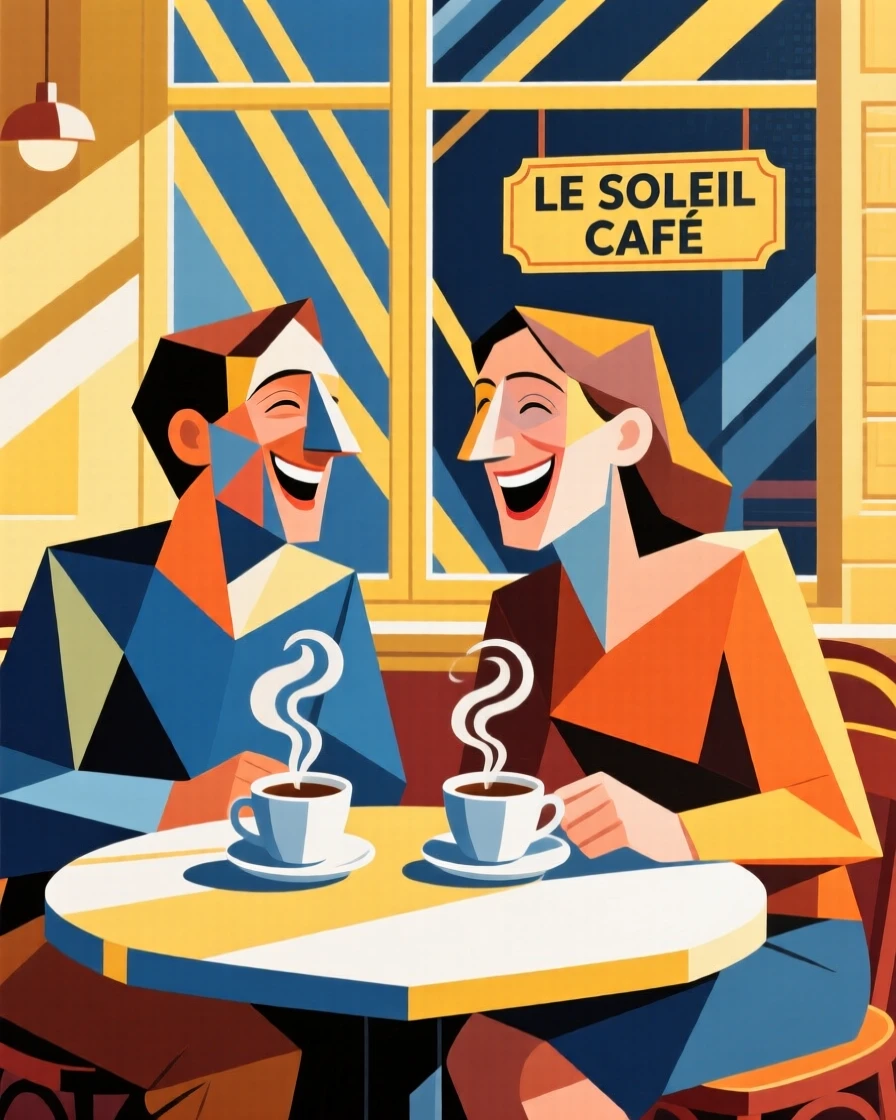 Best friends laughing together over coffee at a sunlit café table.