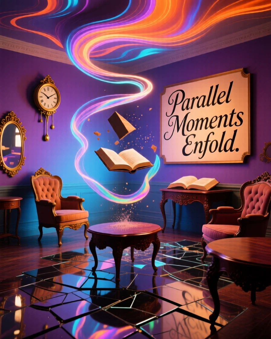 A room where furniture floats gently in slow, looping orbits hums with a strange, looping quality of time, as light bends unnaturally around every corner.
