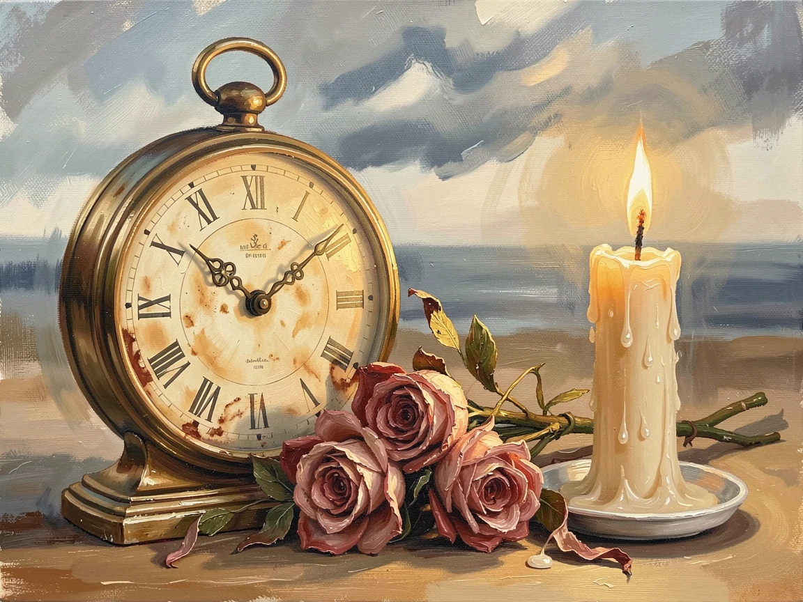 An antique clock sits beside a wilting bouquet of roses and a burning candle, symbolizing the passage of time in soft golden light, distant weather visible on the horizon hinting at conditions that will arrive within the hour.