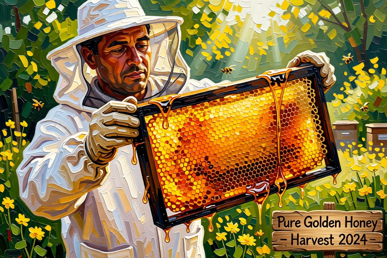 a beekeeper carefully lifting a frame dripping with golden honey
