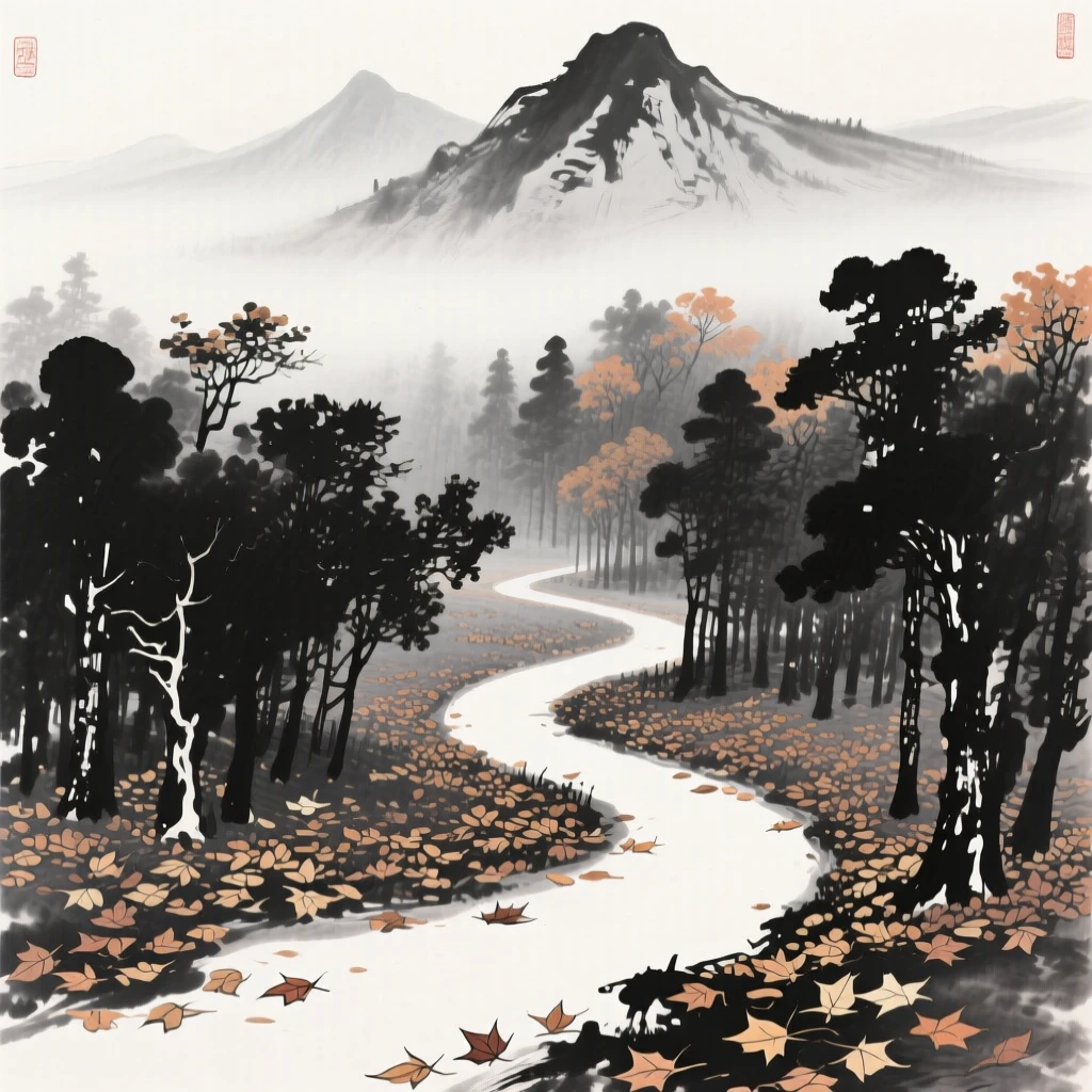 A quiet path winds through a forest carpeted with fallen leaves, with distant peaks rising above a sea of colorful trees.