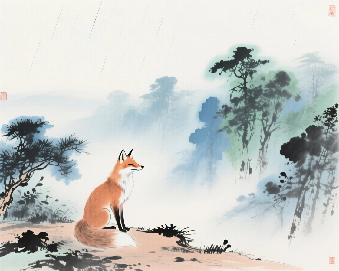 A spirit fox pausing at the edge of an enchanted misty forest, beneath a sky washed clean by rain, radiating gentle serenity, as morning mist begins to lift.
