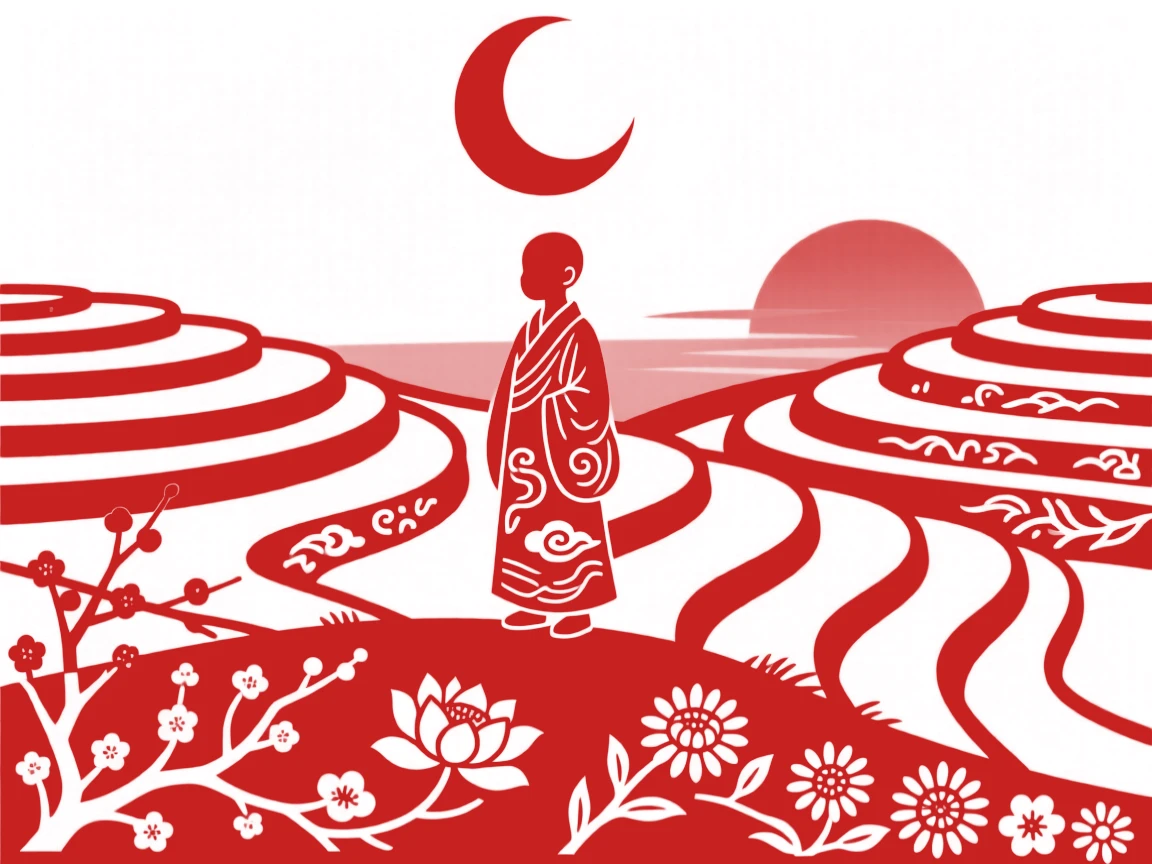 A composition of a young monk on a terraced hillside at sunset, a crescent moon rising above the ridgeline.