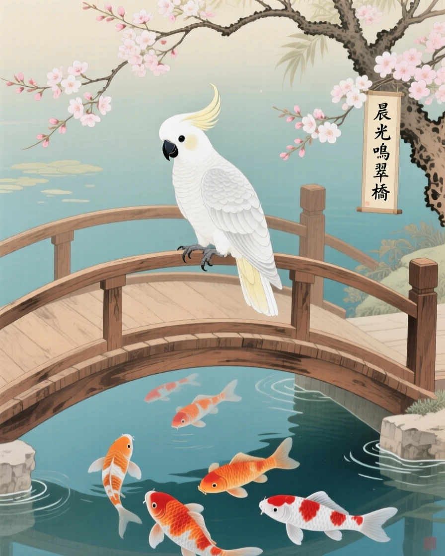 A cockatoo resting on a curved bridge railing over a koi pond, soft morning light filtering through the branches