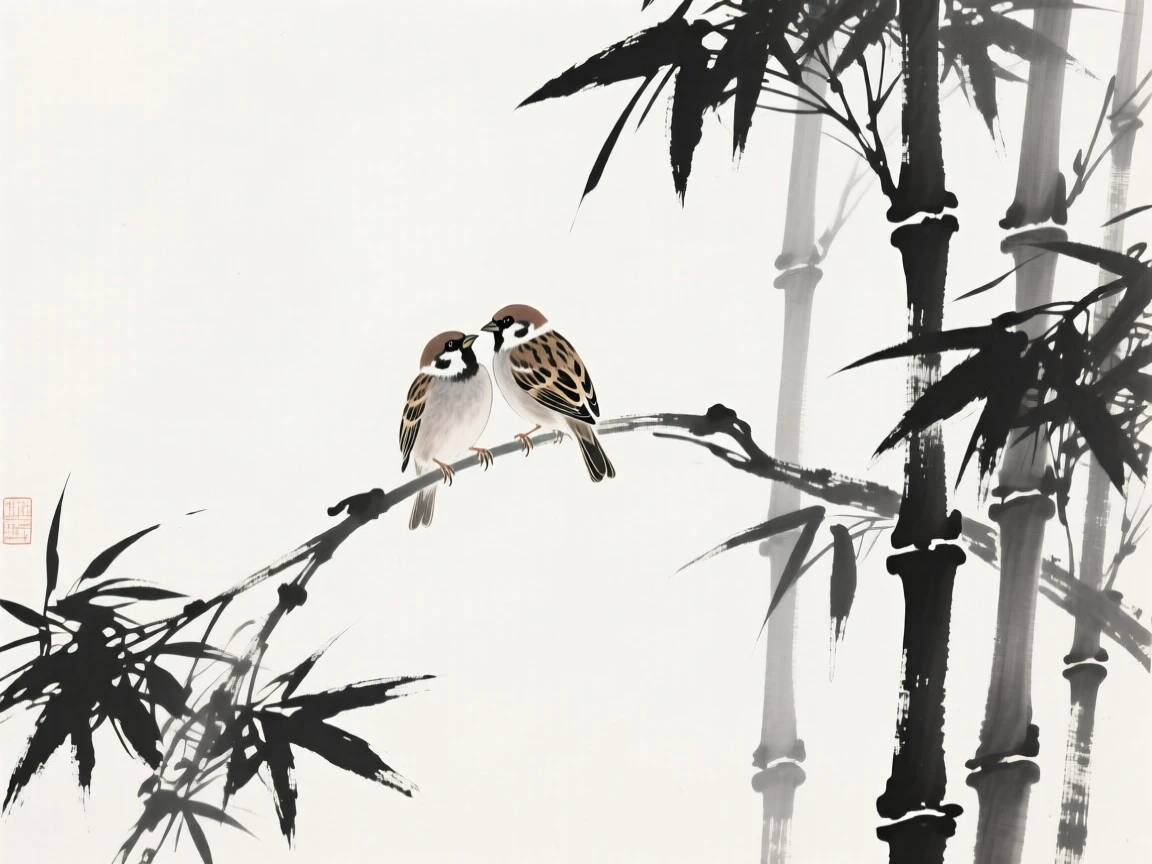 A sparrow perched together on a curved branch within a quiet bamboo grove, framed against a wide expanse of open sky, carrying a quiet, poetic stillness.