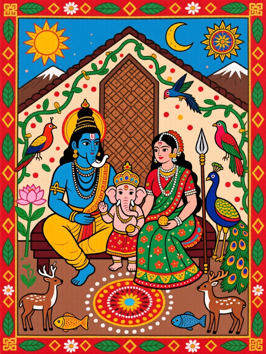 Shiva and Parvati seated together with their children in a mountain home.