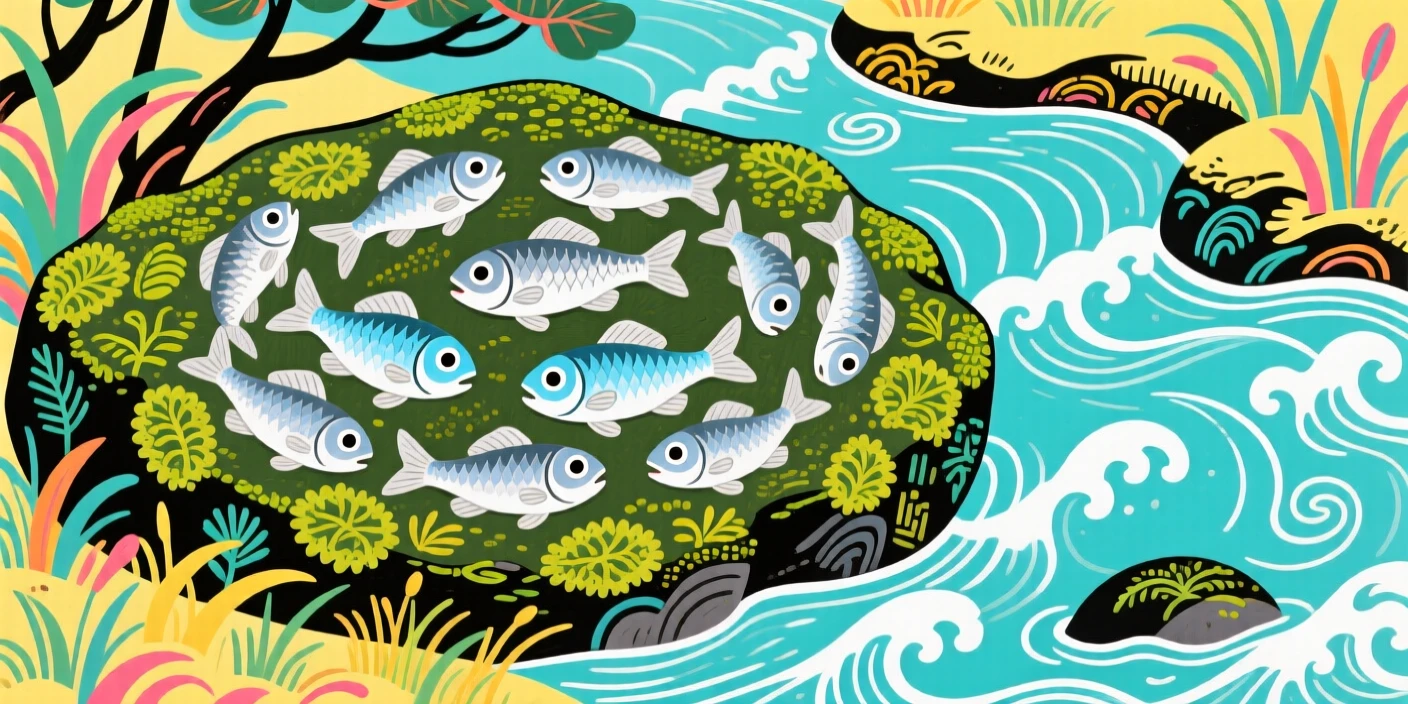 A school of silver minnows resting on a mossy stone beside a stream.