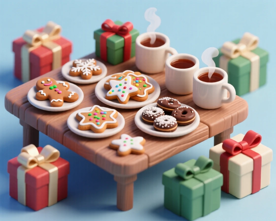 A winter holiday cookie exchange party with platters of assorted treats, ribbon-tied boxes, and mugs of hot cider nearby.