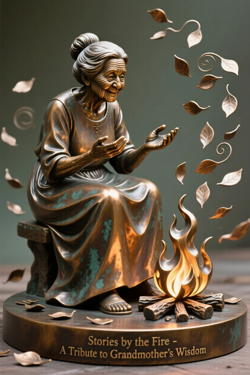 A grandmother sharing stories by the fire, surrounded by falling petals or leaves, forming a strong central focal point