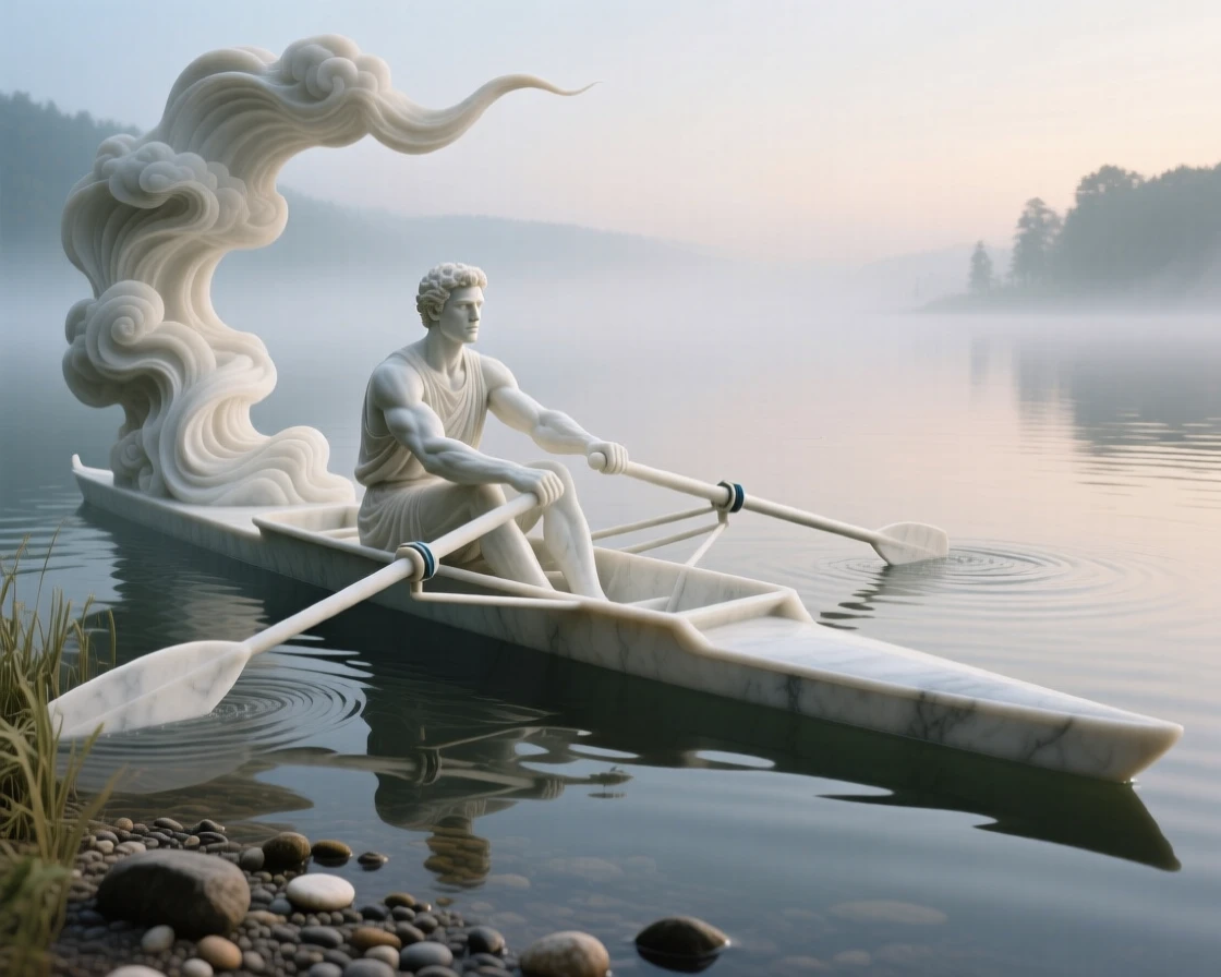 A beautifully composed image of a rower gliding across a still lake at dawn, amid swirling clouds and mist, full of atmosphere and visual storytelling
