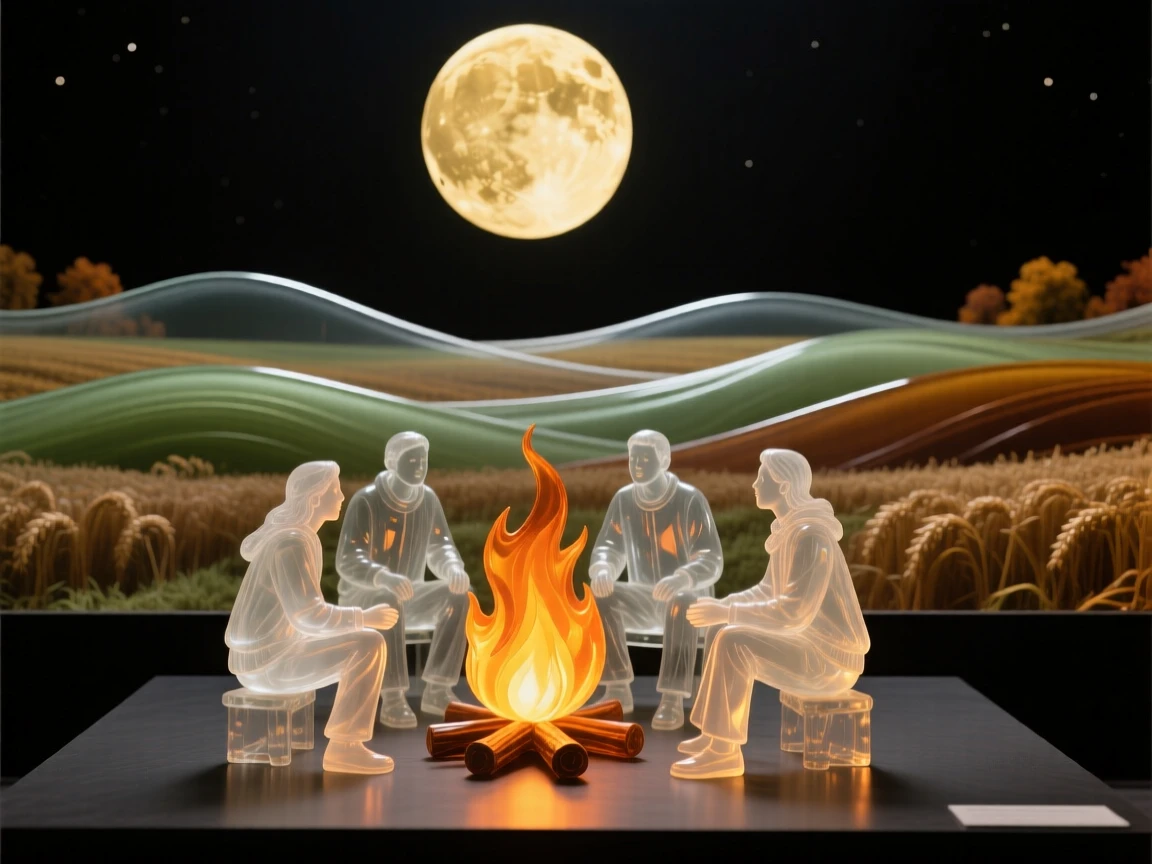 A bonfire surrounded by friends on a cool autumn night beneath a harvest moon rising over the fields
