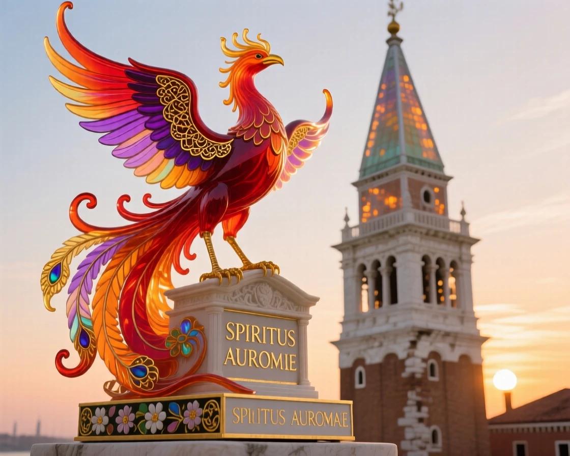 A grand phoenix perched atop an ancient temple spire at sunrise, sacred and radiant.
