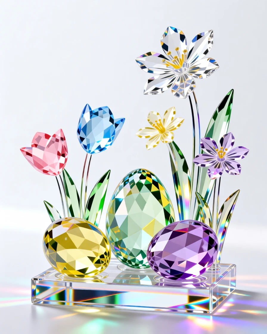 An Easter morning garden with pastel eggs hidden among blooming spring flowers.