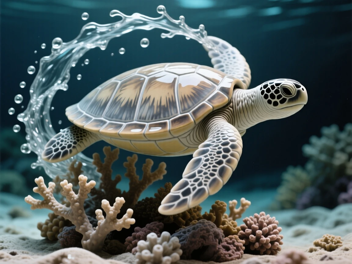 A graceful sea turtle gliding through coral breaching in a dramatic arc of spray, its surface dappled with shifting light patterns, stirring wonder at the mysteries of the deep.