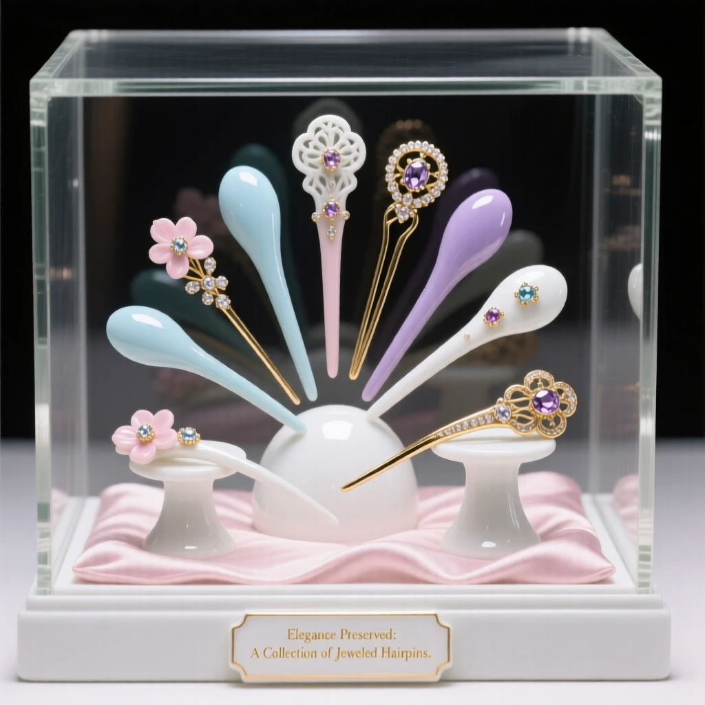 A collection of jeweled hairpins arranged in a glass display case, forming a harmonious, elegant composition.