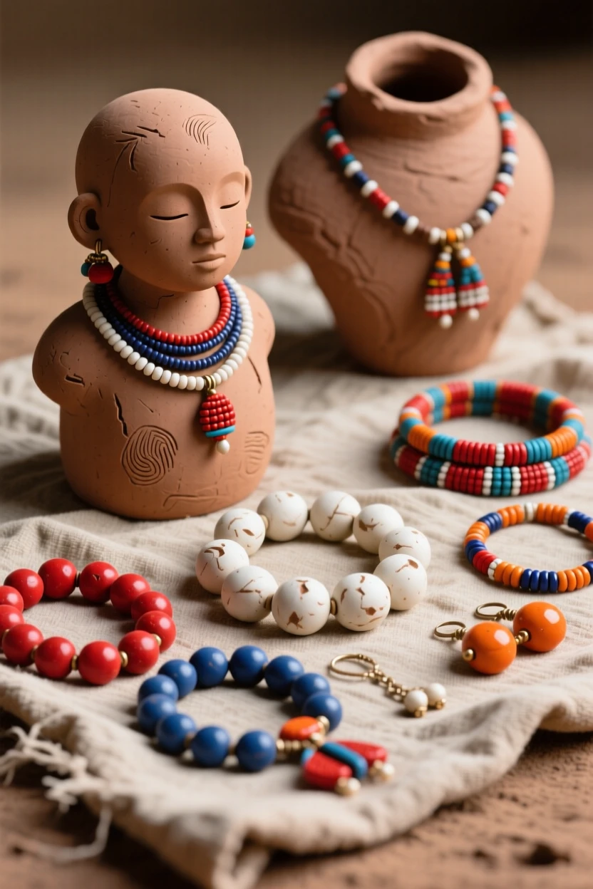 A traditional Maasai beaded jewelry collection laid out on cloth