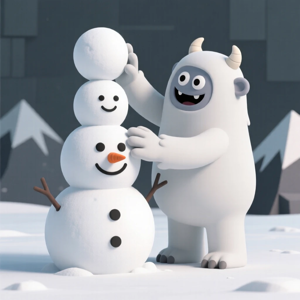 A cheerful mountain yeti builds an enormous snowman twice its own towering height, patting the final snowball into place.
