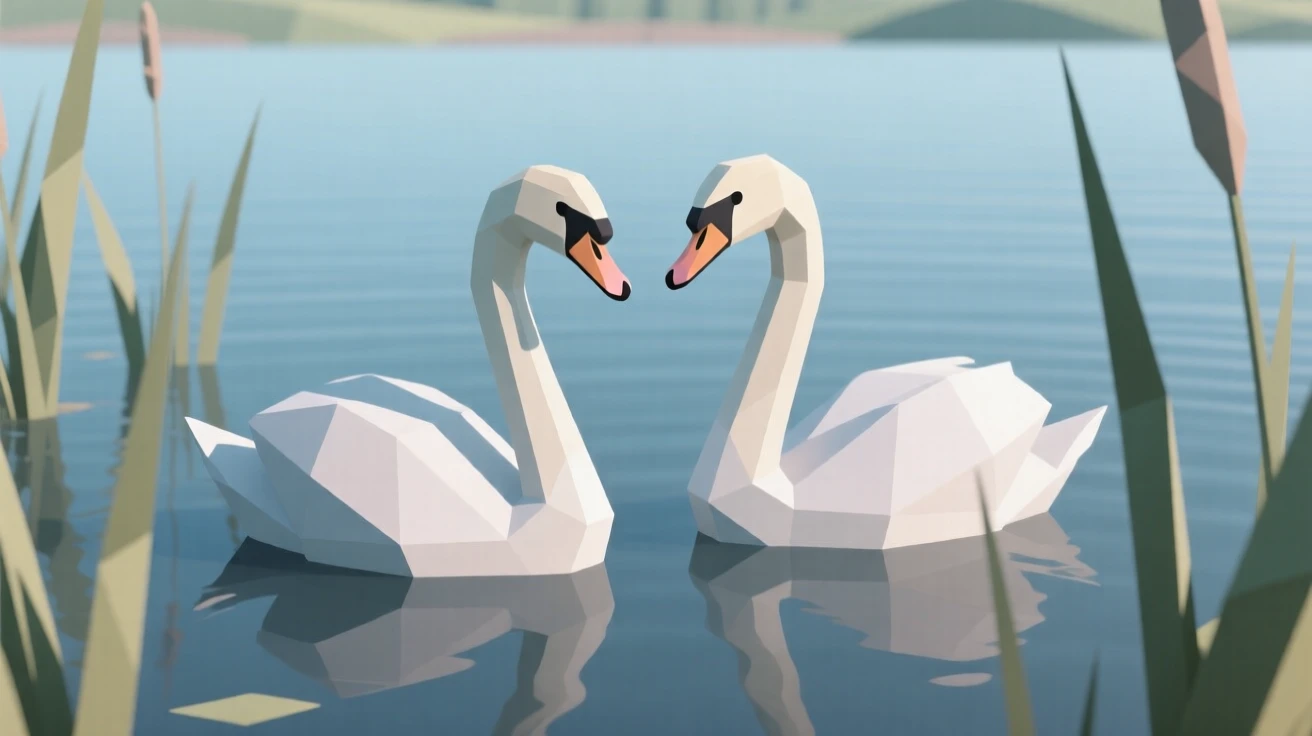A pair of swans gliding across still water, amid tall swaying grass. delicate detail is visible in the fur and eyes. It captures a fleeting moment of freedom.