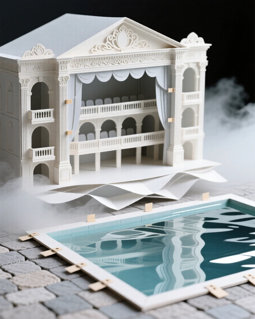 An ornate opera house auditorium surrounded by drifting morning mist, with reflections shimmering on a nearby pool, conveying architectural ambition and scale.