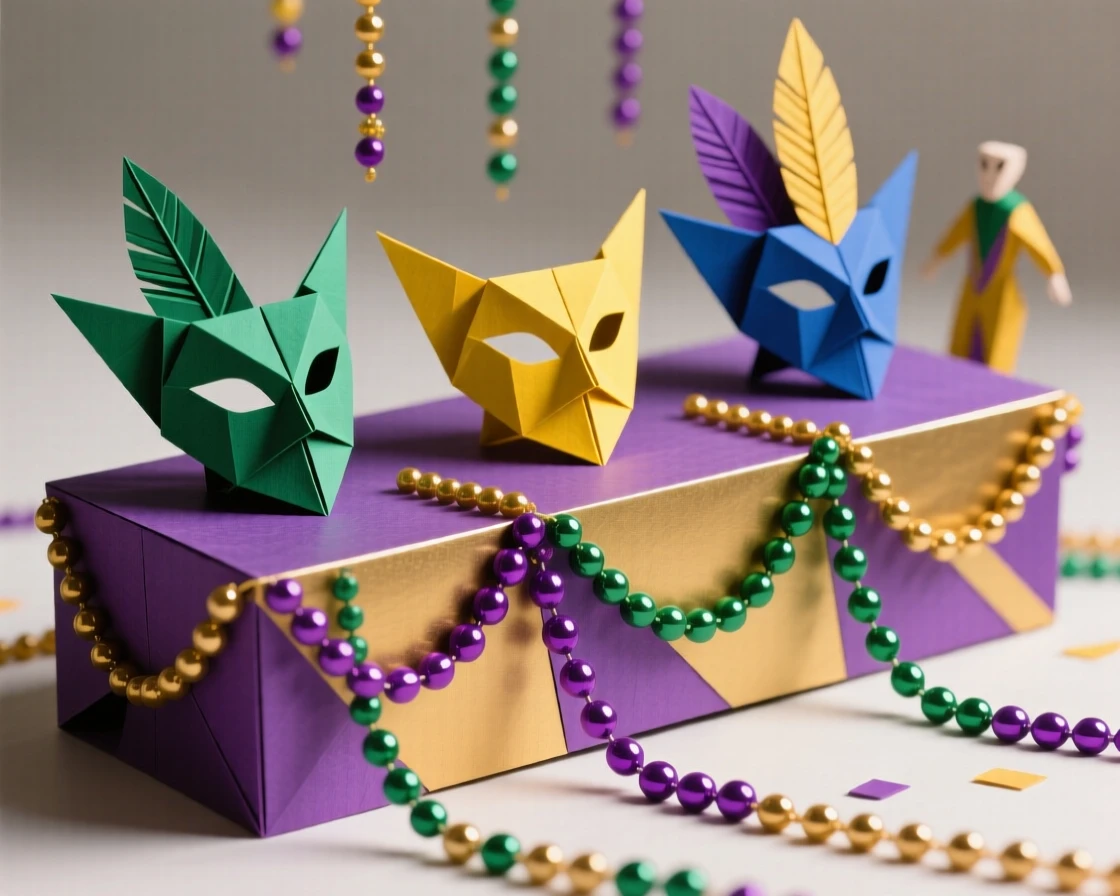 A Mardi Gras parade float scene with colorful beads and vibrant masks on display.