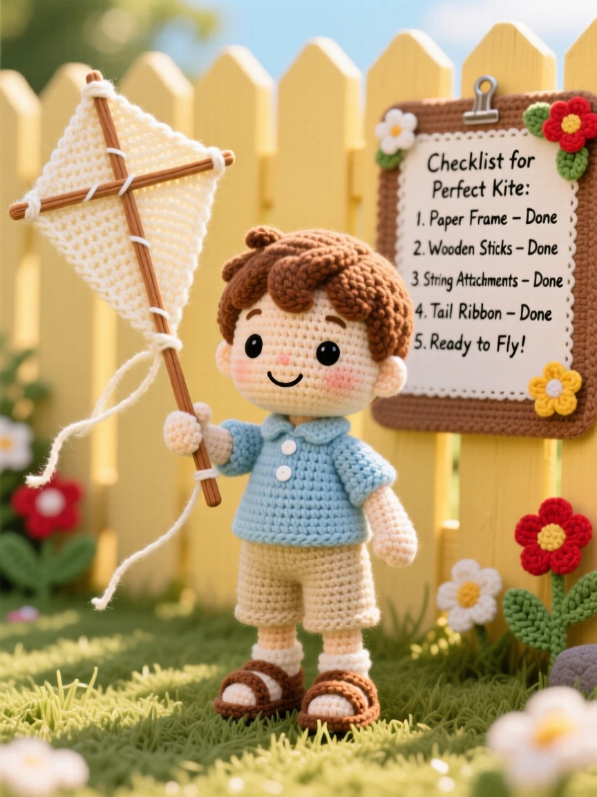 a small boy building a kite from scratch, with paper and thin wooden sticks, is captured testing it in a gentle breeze in a sunny backyard on a warm afternoon beside a cheerful checklist pinned to a board, showing patient concentration and creative satisfaction.