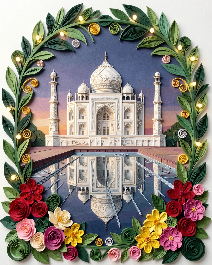 the Taj Mahal reflected perfectly in its still pool, framed by blooming seasonal flowers in the foreground, framed within a natural archway of foliage, with twinkling lights beginning to glow at dusk.