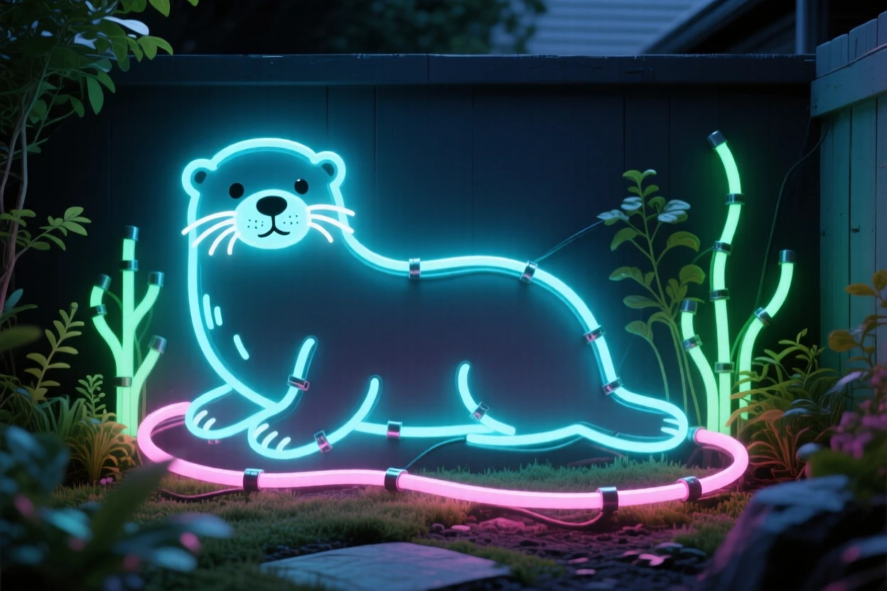 a curious sea otter in a quiet backyard garden.