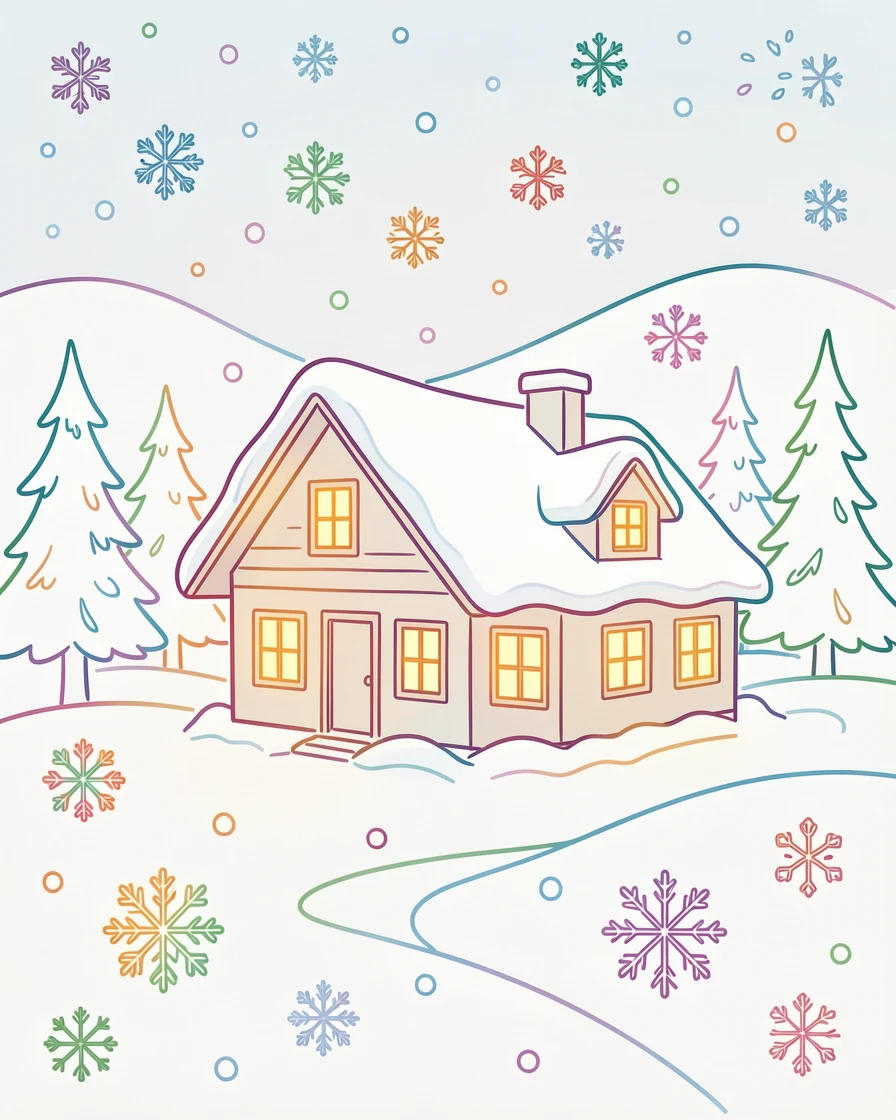 A quiet mountain lodge glowing warmly amid a heavy evening snowfall.