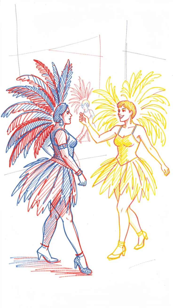 A colorful Rio-style carnival parade with elaborate feathered costumes