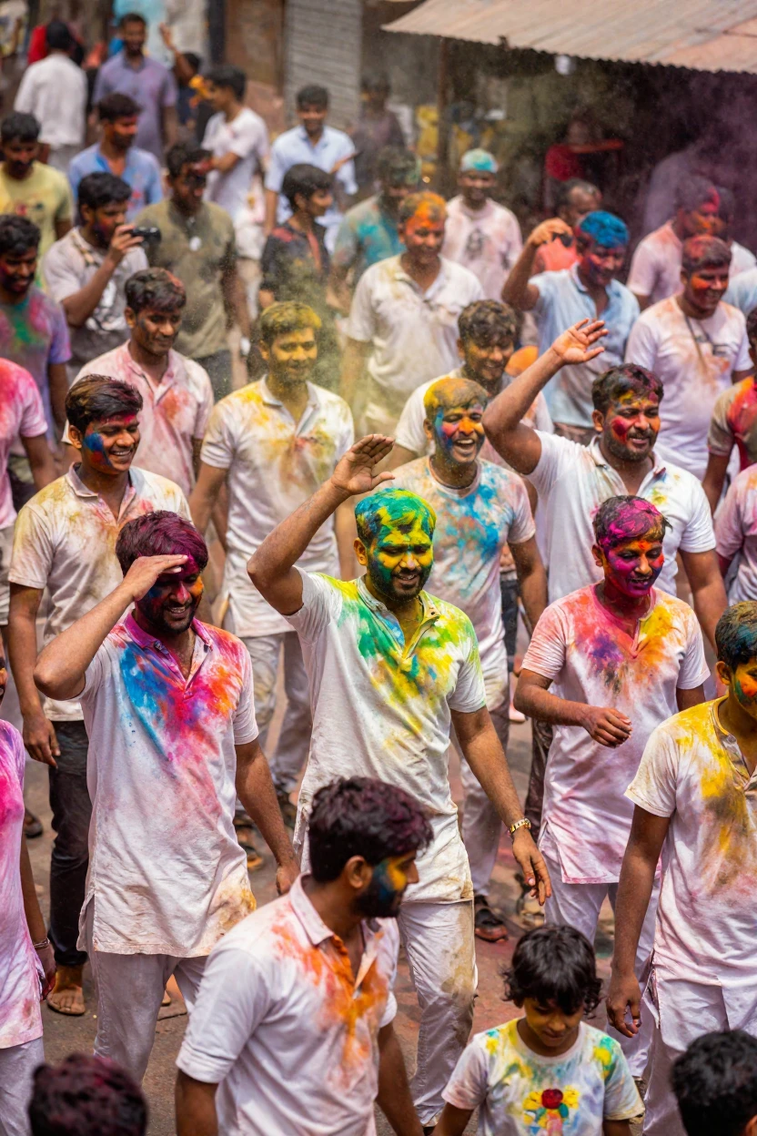 An Indian Holi festival crowd throwing colorful powder