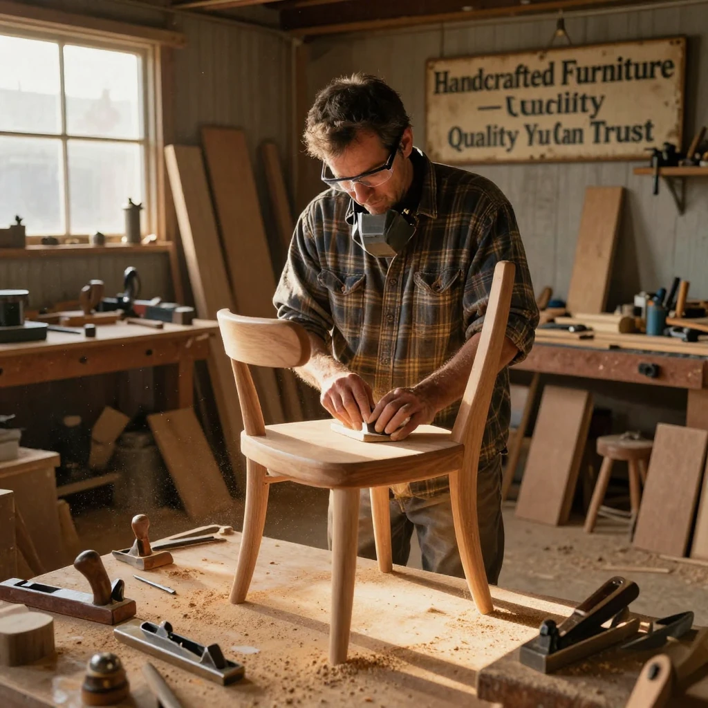 A woodworker sands a handmade chair in a sawdust-filled garage workshop.
