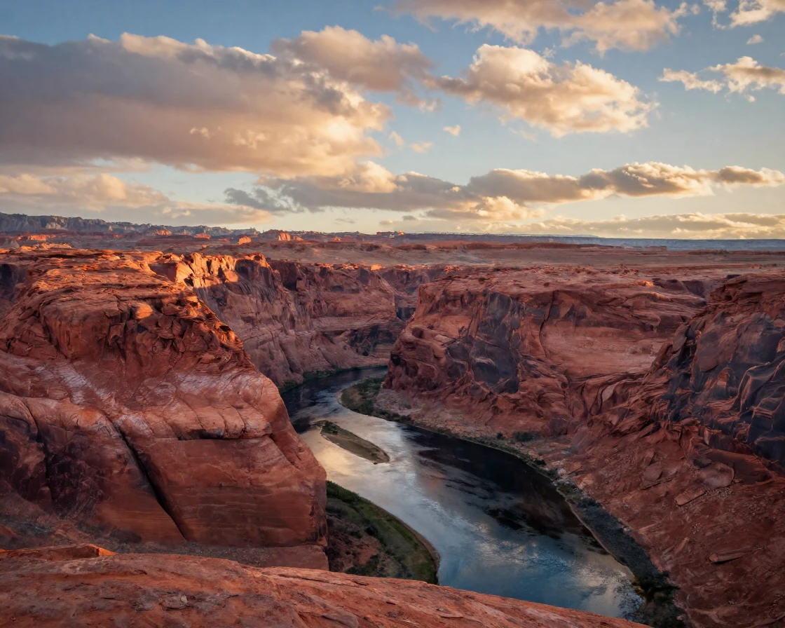 A winding river carved through red rock canyons, stretching endlessly beneath drifting autumn clouds