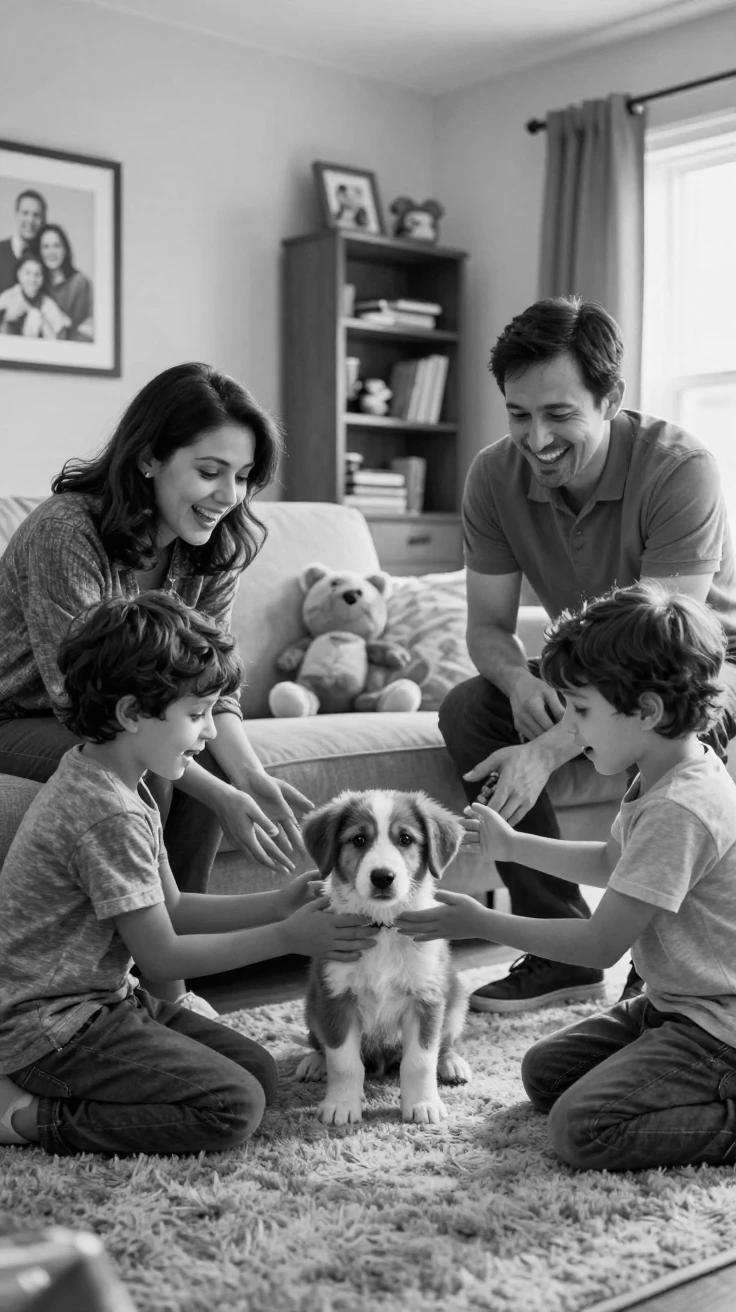 A family welcomes home a new puppy in a cheerful living room.